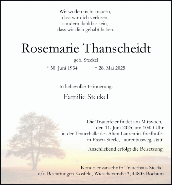 Traueranzeige von Rosemarie Thanscheidt von Tageszeitung