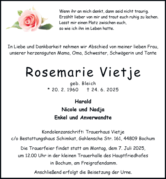 Traueranzeige von Rosemarie Vietje von Tageszeitung