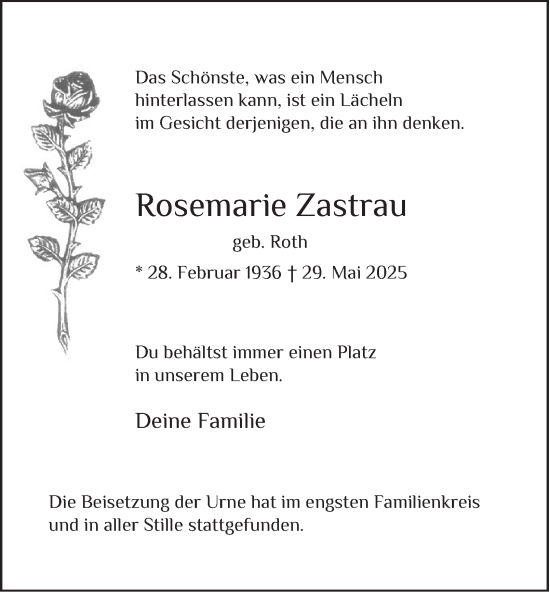 Traueranzeige von Rosemarie Zastrau von Tageszeitung