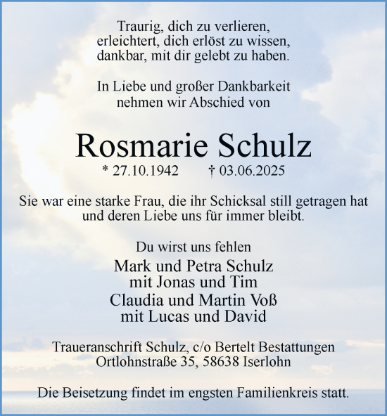 Traueranzeige von Rosmarie Schulz von Tageszeitung