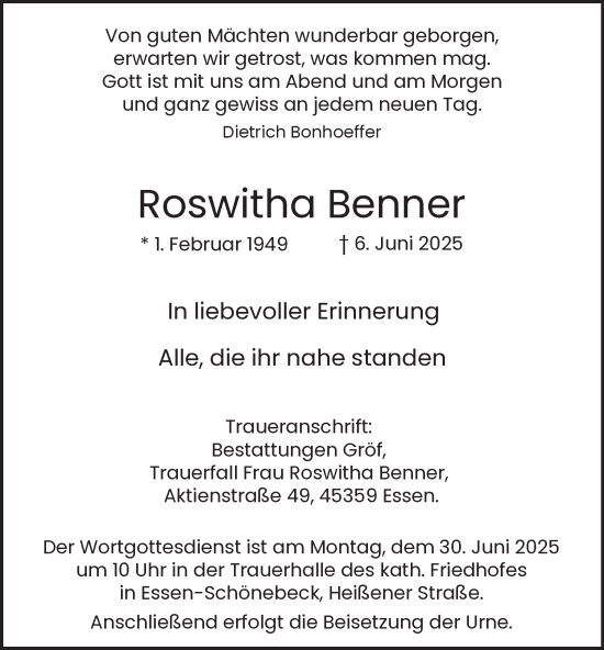 Traueranzeige von Roswitha Benner von Tageszeitung