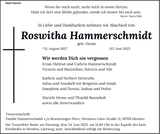 Traueranzeige von Roswitha Hammerschmidt von Tageszeitung