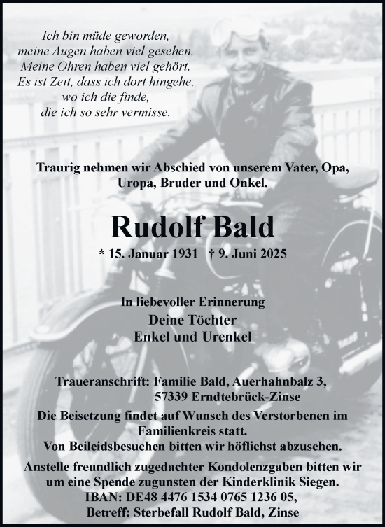 Traueranzeige von Rudolf Bald von Tageszeitung