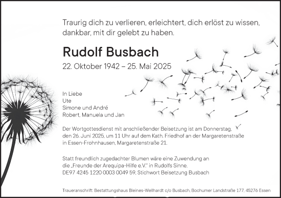 Traueranzeige von Rudolf Busbach von Tageszeitung