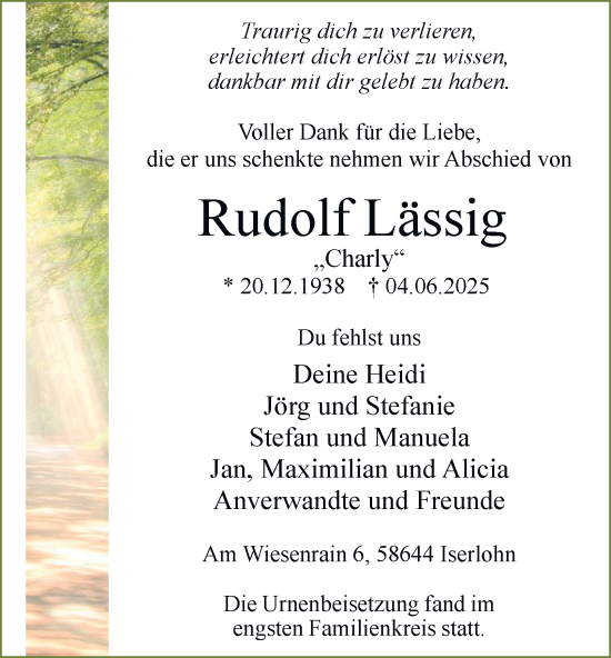 Traueranzeige von Rudolf Lässig von Tageszeitung