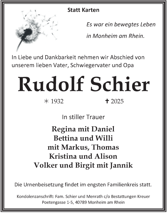 Traueranzeige von Rudolf Schier von Tageszeitung