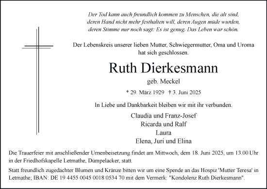 Traueranzeige von Ruth Dierkesmann von Tageszeitung