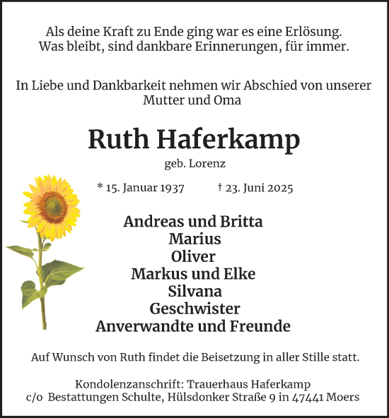 Traueranzeige von Ruth Haferkamp von Tageszeitung