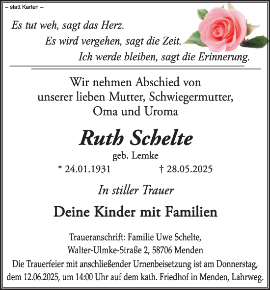 Traueranzeige von Ruth Schelte von Tageszeitung