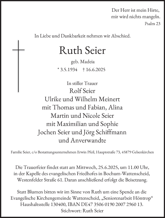 Traueranzeige von Ruth Seier von Tageszeitung