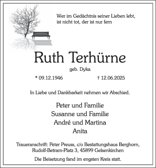 Traueranzeige von Ruth Terhürne von Tageszeitung