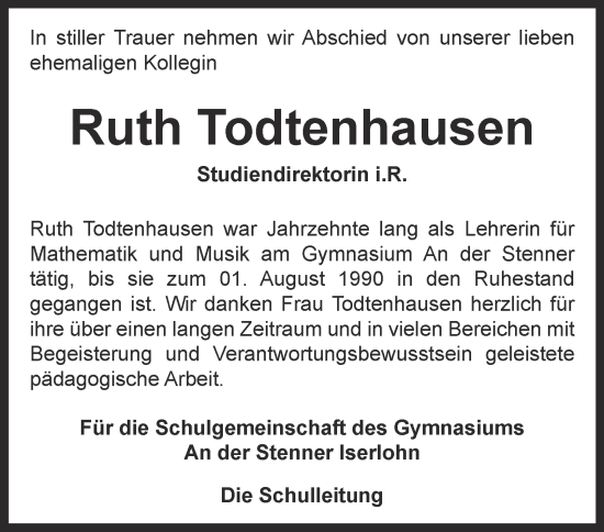 Traueranzeige von Ruth Todtenhausen von Tageszeitung
