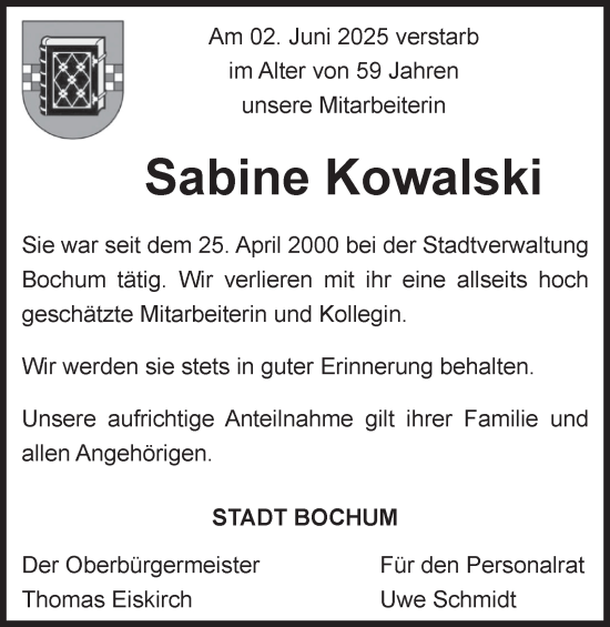 Traueranzeige von Sabine Kowalski von Tageszeitung