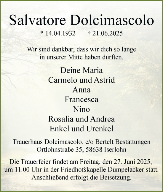 Traueranzeige von Salvatore Dolcimascolo von Tageszeitung