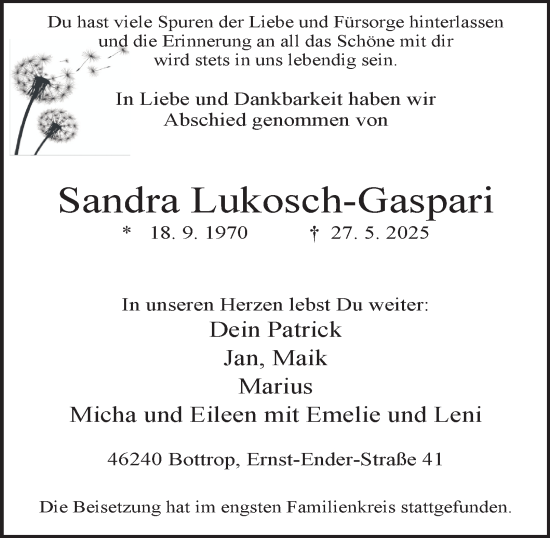 Traueranzeige von Sandra Lukosch-Gaspari von Tageszeitung
