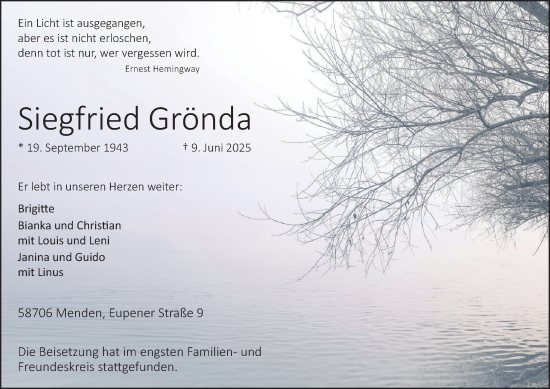 Traueranzeige von Siegfried Grönda von Tageszeitung