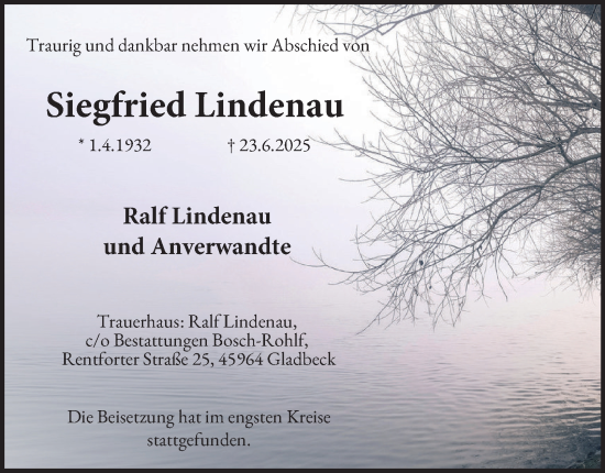 Traueranzeige von Siegfried Lindenau von Tageszeitung