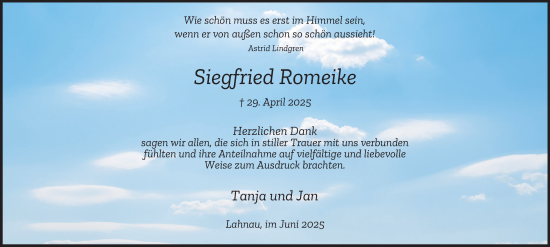 Traueranzeige von Siegfried Romeike von Tageszeitung