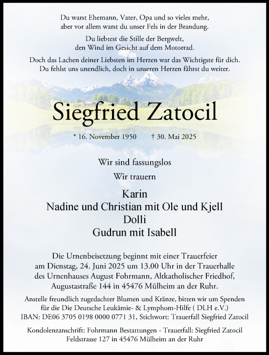 Traueranzeige von Siegfried Zatocil von Tageszeitung