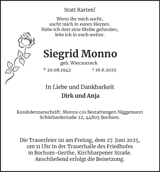 Traueranzeige von Siegrid Monno von Tageszeitung