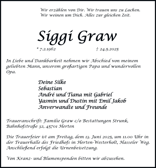 Traueranzeige von Siggi Graw von Tageszeitung