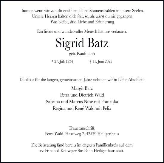 Traueranzeige von Sigrid Batz von Tageszeitung