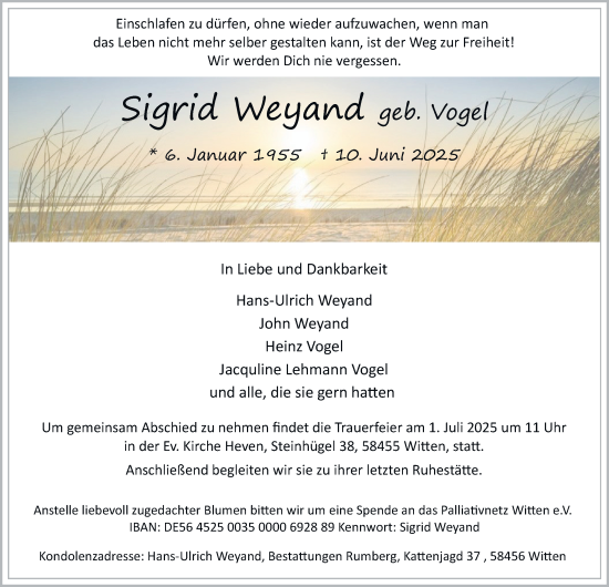 Traueranzeige von Sigrid Weyand von Tageszeitung