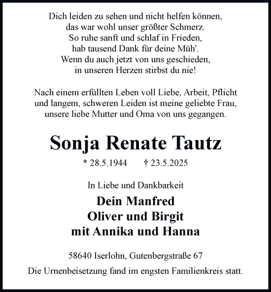 Traueranzeige von Sonja  Tautz von Tageszeitung