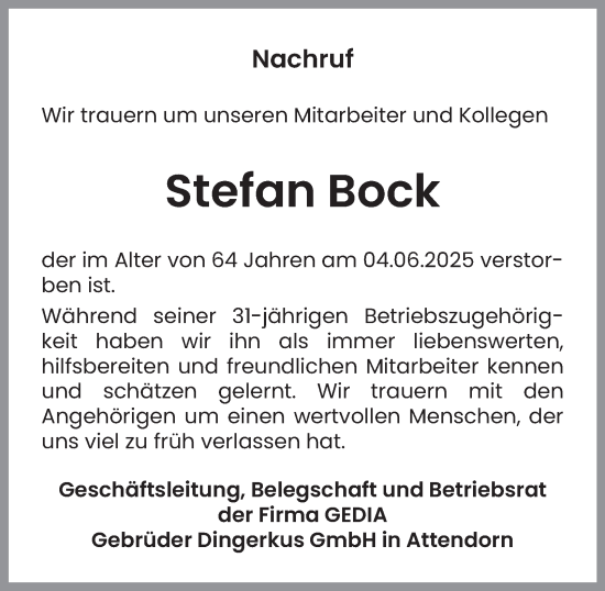 Traueranzeige von Stefan Bock von Tageszeitung