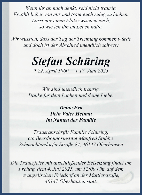 Traueranzeige von Stefan Schüring von Tageszeitung