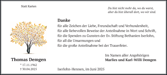 Traueranzeige von Thomas Demgen von Tageszeitung