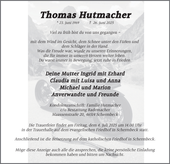 Traueranzeige von Thomas Hutmacher von Tageszeitung