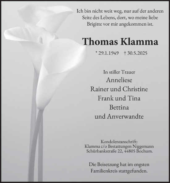Traueranzeige von Thomas Klamma von Tageszeitung