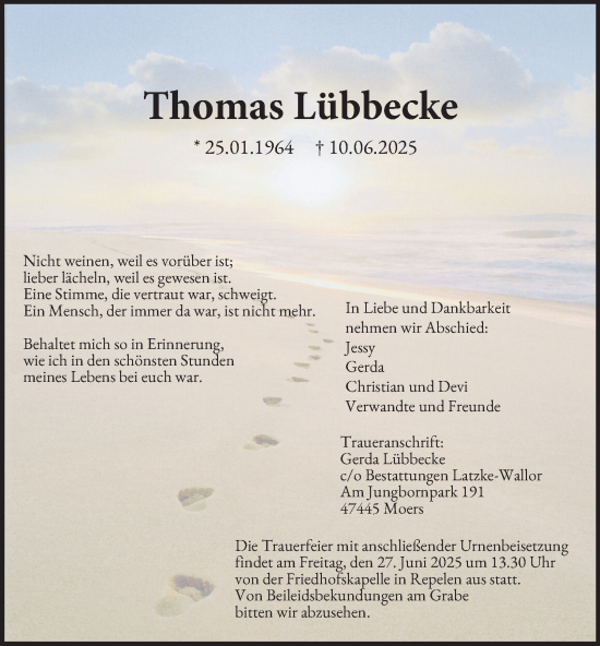 Traueranzeige von Thomas Lübbecke von Tageszeitung