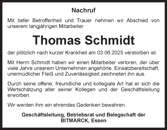Traueranzeige von Thomas Schmidt von Tageszeitung