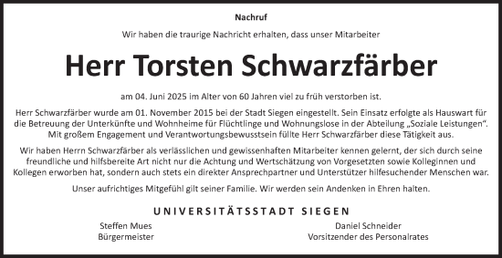 Traueranzeige von Torsten Schwarzfärber von Tageszeitung