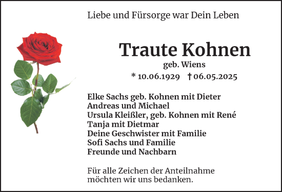 Traueranzeige von Traute Kohnen von Tageszeitung