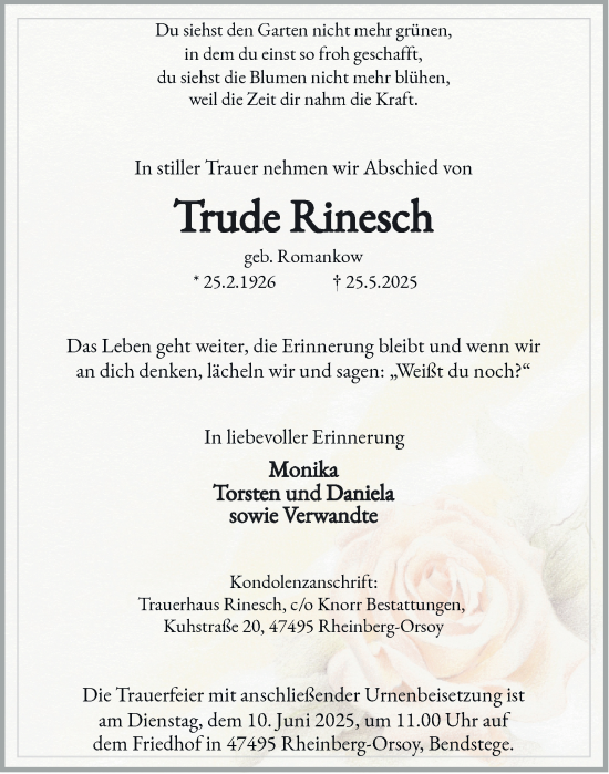 Traueranzeige von Trude Rinesch von Tageszeitung