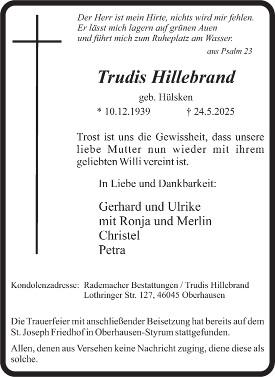 Traueranzeige von Trudis Hillebrand von Tageszeitung