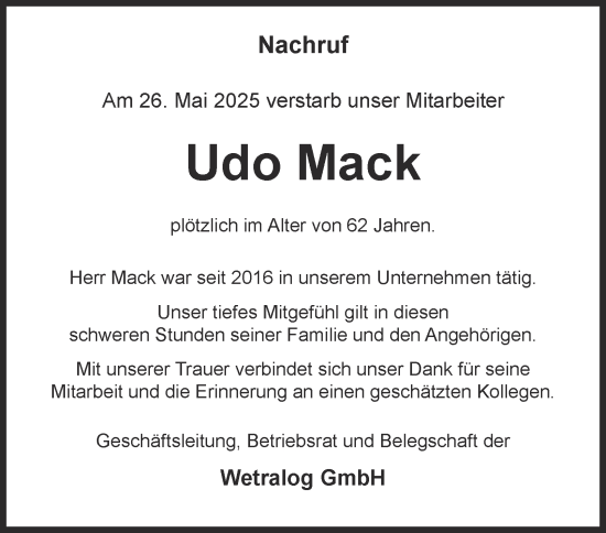 Traueranzeige von Udo Mack von Tageszeitung