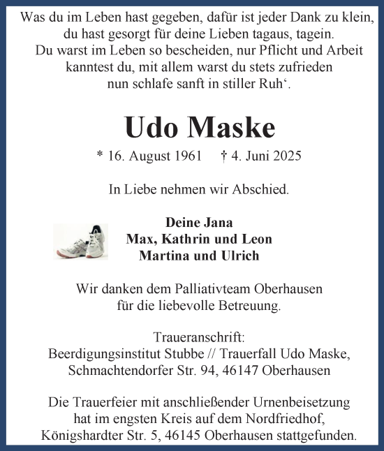 Traueranzeige von Udo Maske von Tageszeitung
