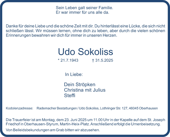 Traueranzeige von Udo Sokoliss von Tageszeitung
