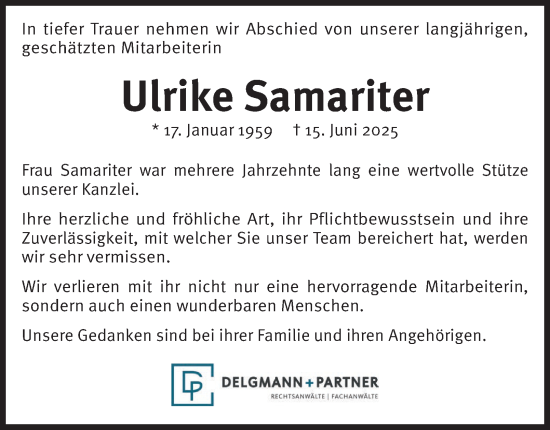 Traueranzeige von Ulrike Samariter von Tageszeitung