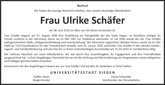 Traueranzeige von Ulrike Schäfer von Tageszeitung
