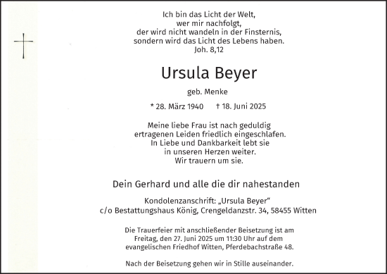 Traueranzeige von Ursula Beyer von Tageszeitung
