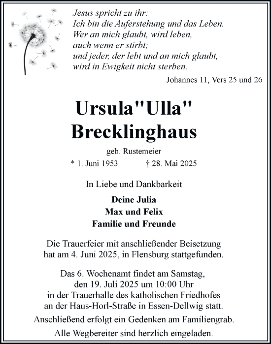 Traueranzeige von Ursula Brecklinghaus von Tageszeitung