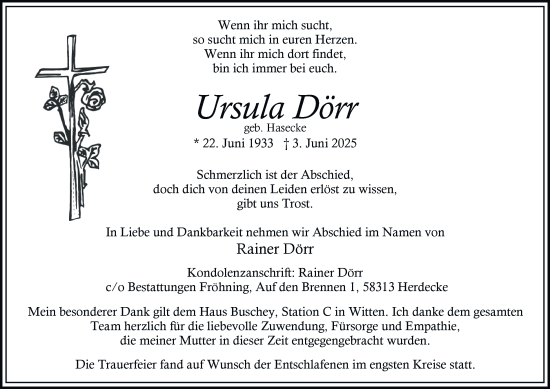Traueranzeige von Ursula Dörr von Tageszeitung