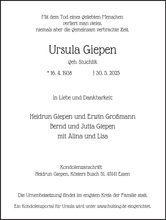 Traueranzeige von Ursula Giepen von Tageszeitung