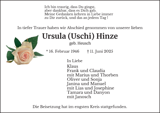 Traueranzeige von Ursula Hinze von Tageszeitung