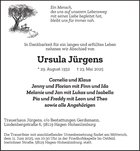 Traueranzeige von Ursula Jürgens von Tageszeitung
